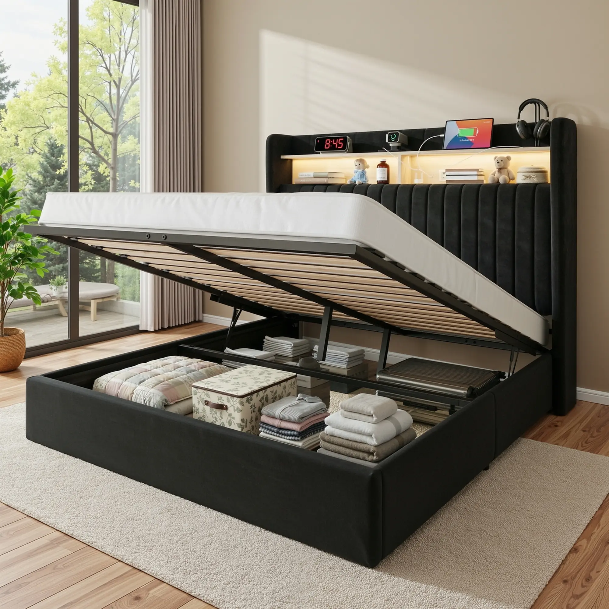 Base de Cama con Almacenamiento Elevable Full/Queen/King, Cabecera con USB y Type-C, Tapizada en Terciopelo, sin Box Spring