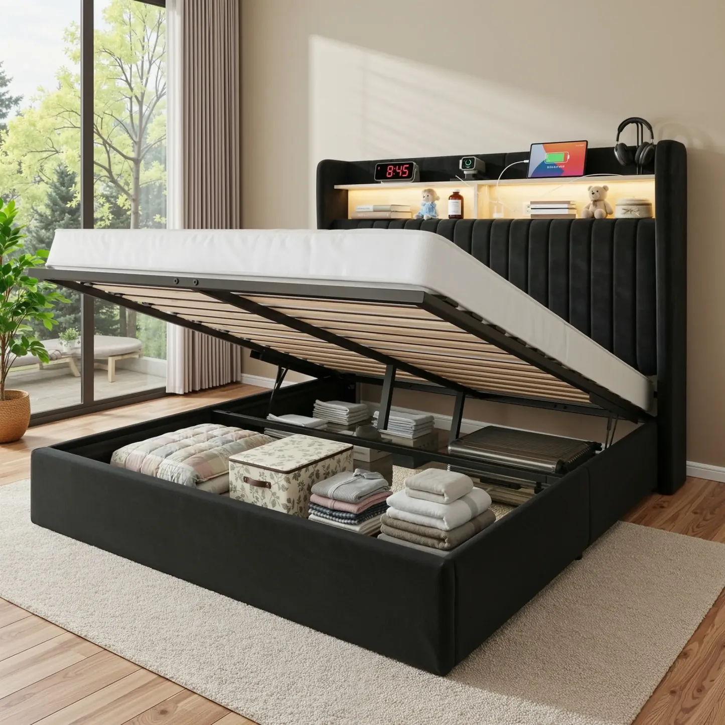 Base de Cama con Almacenamiento Elevable Full/Queen/King, Cabecera con USB y Type-C, Tapizada en Terciopelo, sin Box Spring