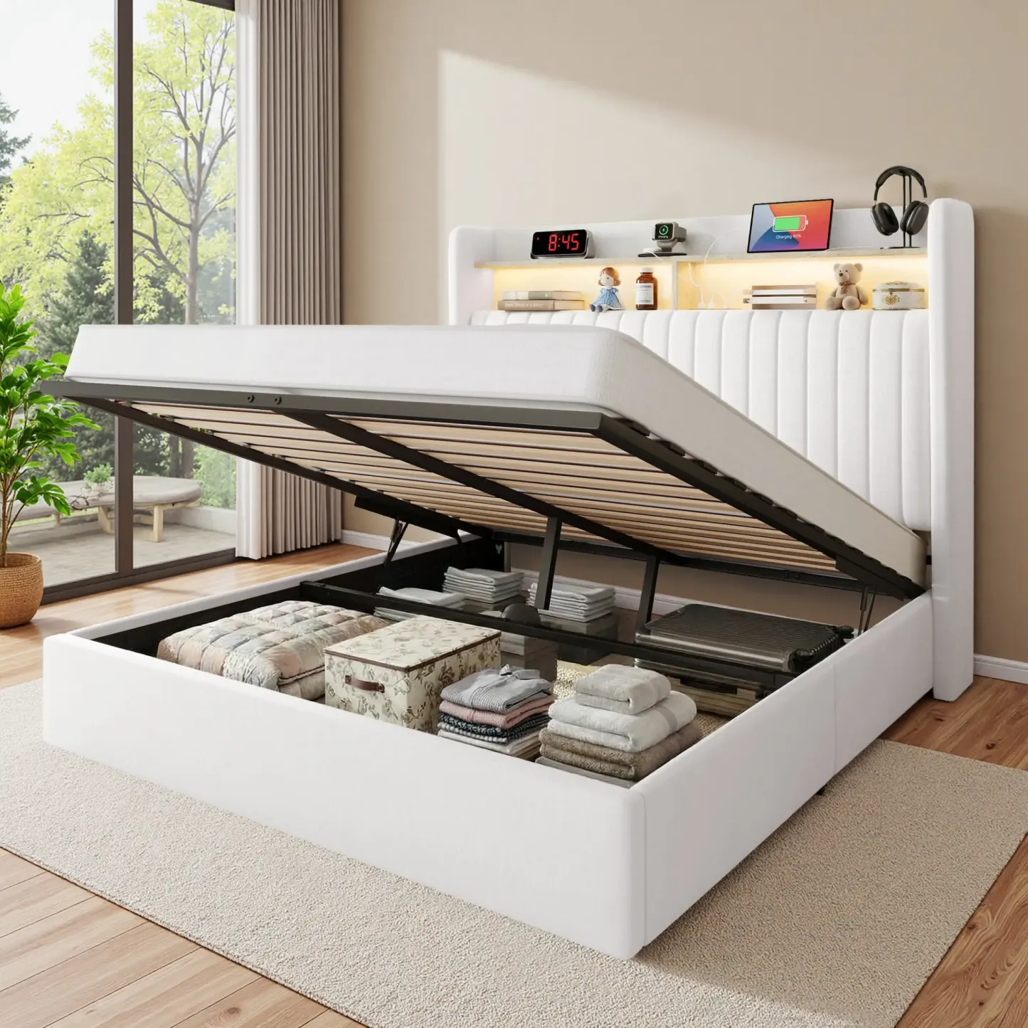 Base de Cama con Almacenamiento Elevable Full/Queen/King, Cabecera con USB y Type-C, Tapizada en Terciopelo, sin Box Spring