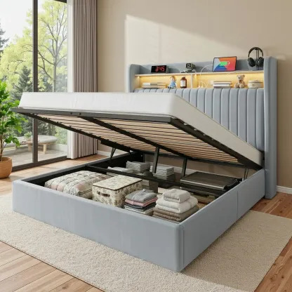 Base de Cama con Almacenamiento Elevable Full/Queen/King, Cabecera con USB y Type-C, Tapizada en Terciopelo, sin Box Spring
