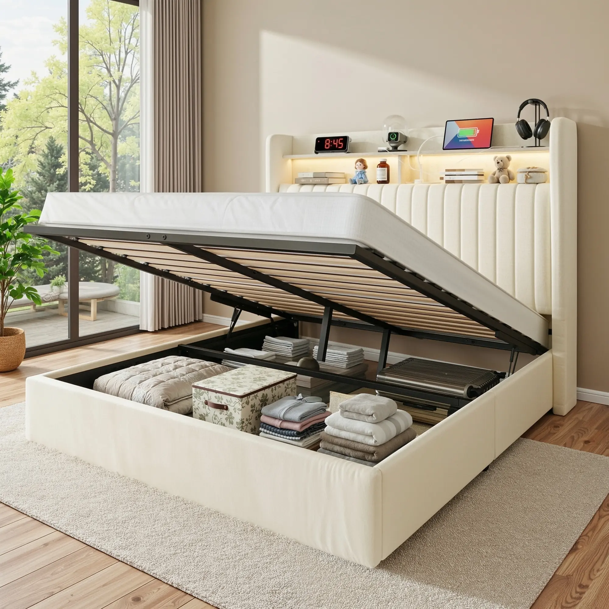 Base de Cama con Almacenamiento Elevable Full/Queen/King, Cabecera con USB y Type-C, Tapizada en Terciopelo, sin Box Spring