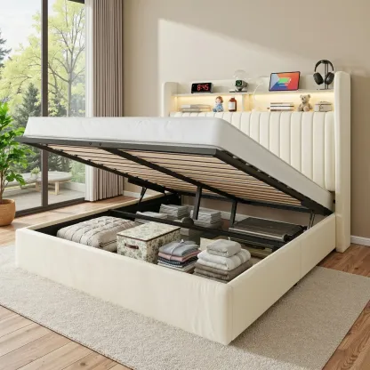 Base de Cama con Almacenamiento Elevable Full/Queen/King, Cabecera con USB y Type-C, Tapizada en Terciopelo, sin Box Spring