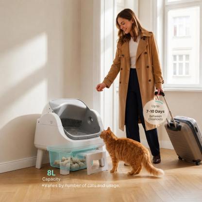 Arenero Automático Autolimpiable para Gatos, Diseño Abierto, Escalón de Fácil Acceso, Triple Protección de Seguridad, Sin App