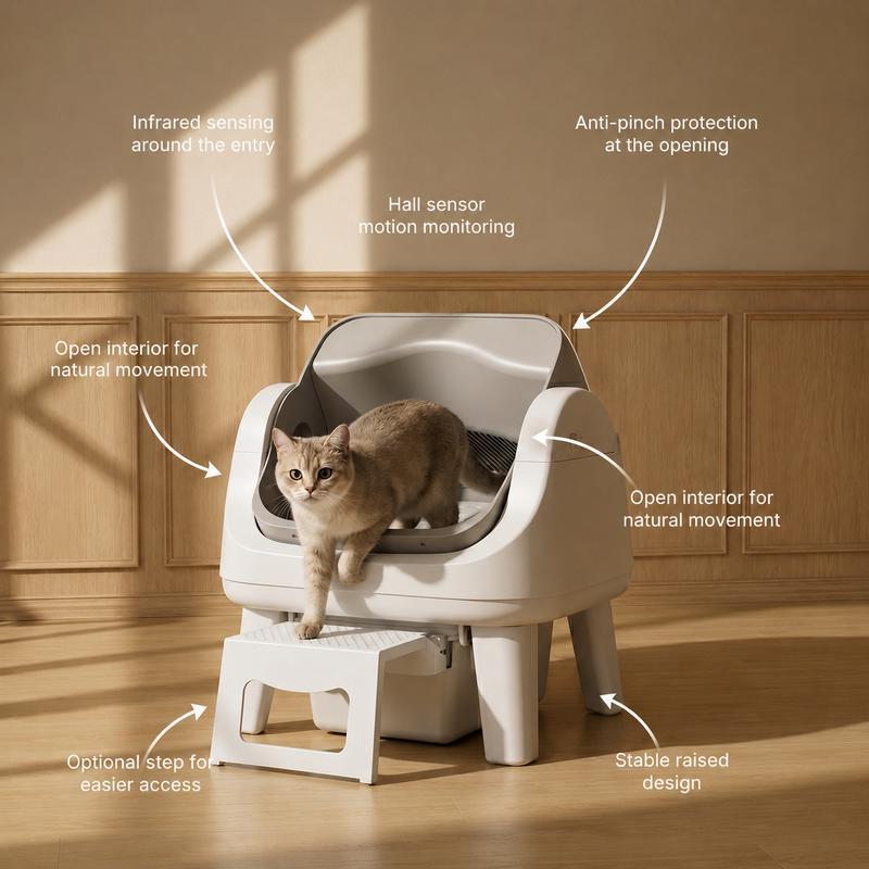 Arenero Automático Autolimpiable para Gatos, Diseño Abierto, Escalón de Fácil Acceso, Triple Protección de Seguridad, Sin App