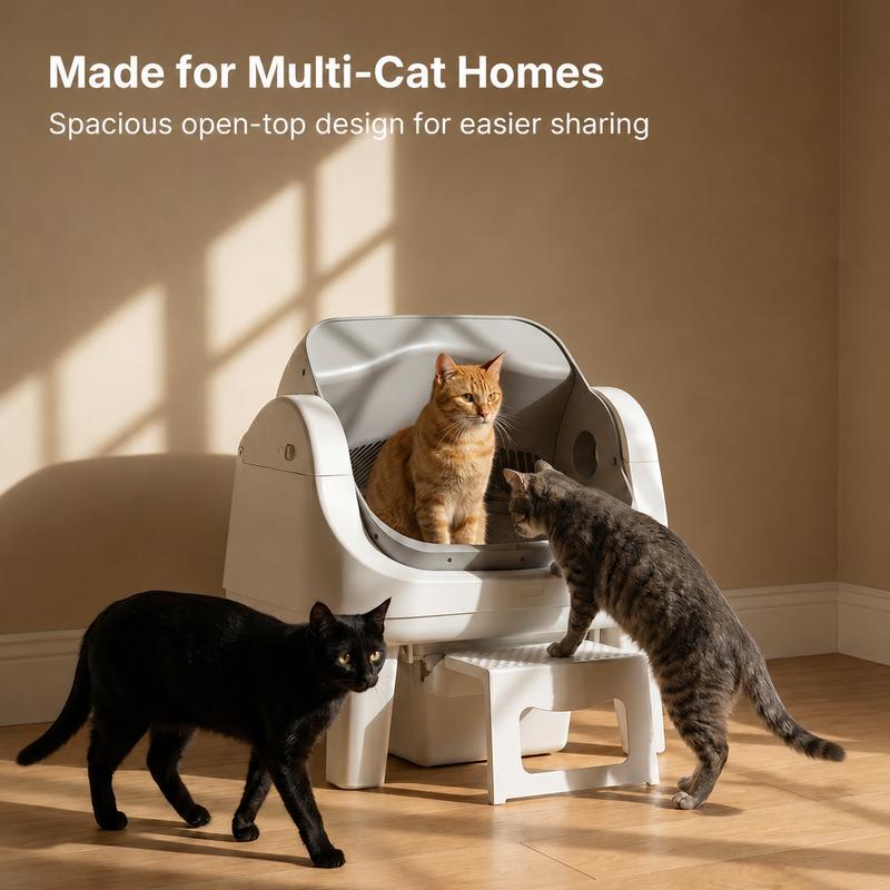 Arenero Automático Autolimpiable para Gatos, Diseño Abierto, Escalón de Fácil Acceso, Triple Protección de Seguridad, Sin App
