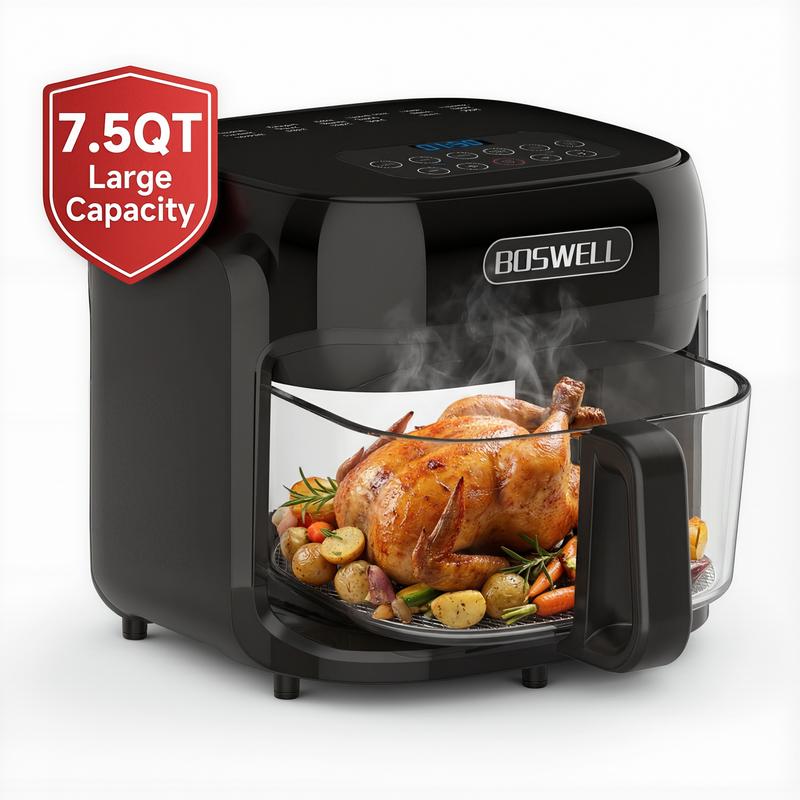 Freidora de Aire de Vidrio de 7.5 QT, Tazón Transparente Resistente al Calor, 1200W, 5 en 1, Cocina un Pollo Entero, Cocción Sin Aceite, Recipiente Apto para Lavavajillas, Ideal para Familias y Preparación de Comidas
