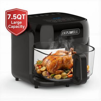 Freidora de Aire de Vidrio de 7.5 QT, Tazón Transparente Resistente al Calor, 1200W, 5 en 1, Cocina un Pollo Entero, Cocción Sin Aceite, Recipiente Apto para Lavavajillas, Ideal para Familias y Preparación de Comidas