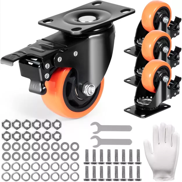 3 Inch Heavy Duty Swivel Caster Wheels Set of 4, 360° Locking Plate Casters, Silent PVC Wheels, 250 lbs Load Capacity for Furniture, Workbenches, Carts & Equipment