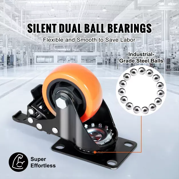 3 Inch Heavy Duty Swivel Caster Wheels Set of 4, 360° Locking Plate Casters, Silent PVC Wheels, 250 lbs Load Capacity for Furniture, Workbenches, Carts & Equipment