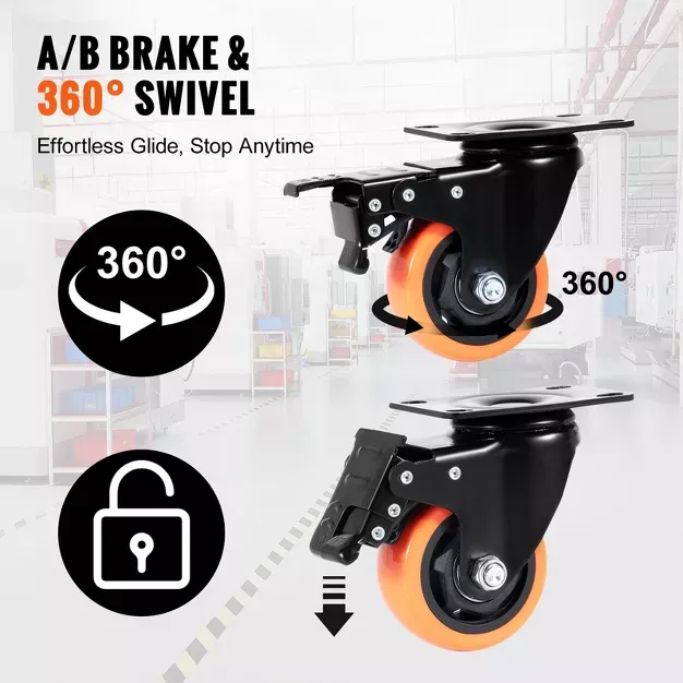 3 Inch Heavy Duty Swivel Caster Wheels Set of 4, 360° Locking Plate Casters, Silent PVC Wheels, 250 lbs Load Capacity for Furniture, Workbenches, Carts & Equipment