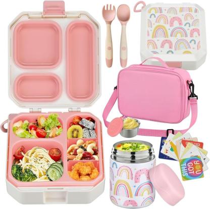 Lonchera Bento para Niños con Termo para Sopa de 12 oz, 5 Compartimentos, Bolsa Térmica, Hermética, Apta para Microondas y Portátil para Escuela