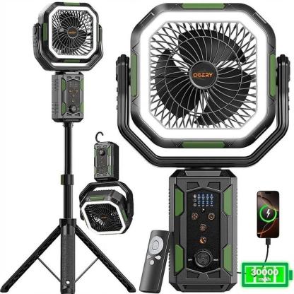 Ventilador Portátil 4 en 1 para Camping con Trípode Desmontable, Batería Recargable de 30000 mAh, Luz LED, Giro de 270°, Control Remoto y Oscilación