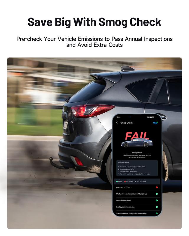 Escáner Automotriz OBD2 Bluetooth, Diagnóstico Completo del Vehículo para iPhone y Android, 6 Funciones de Mantenimiento, Prueba de Emisiones, Lectura y Borrado de Luz Check Engine, 1 Año de Actualizaciones Gratis