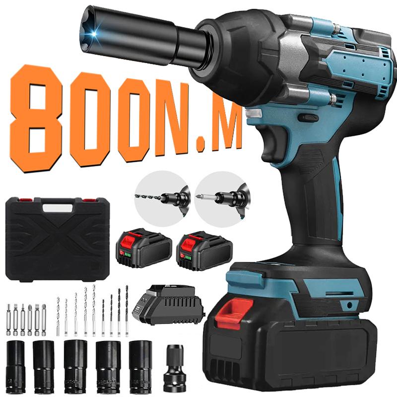 Kit de llave de impacto inalámbrica 3 en 1, 800N.m, batería 21V, con accesorios, ideal para reparación de autos y hogar.