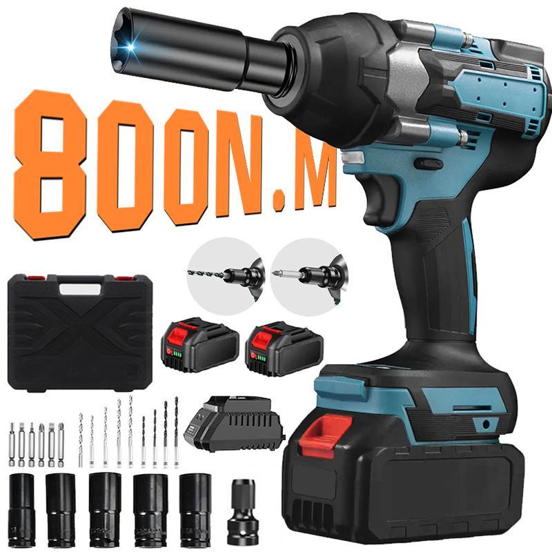 Kit de llave de impacto inalámbrica 3 en 1, 800N.m, batería 21V, con accesorios, ideal para reparación de autos y hogar.