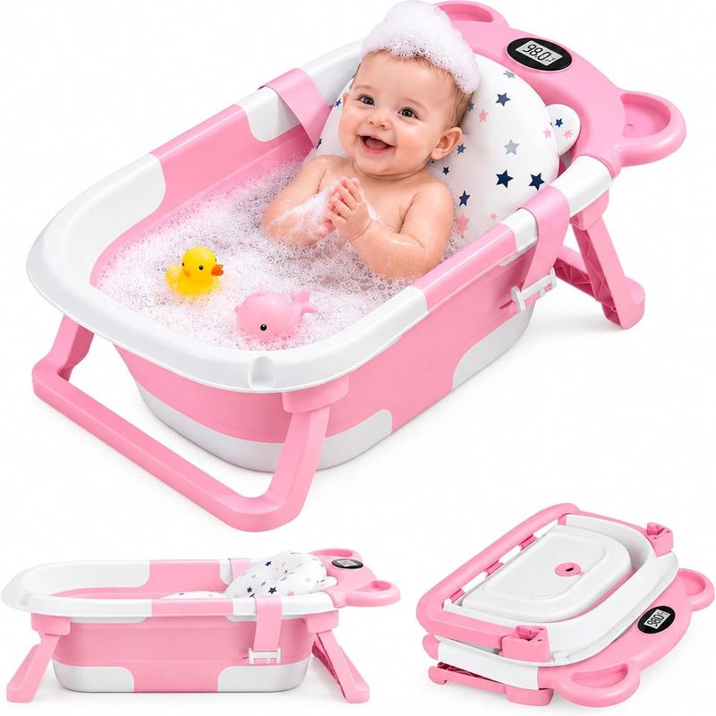 Bluelander Bañera Plegable para Bebé 69.5 x 42 x 21 cm con Medición de Temperatura Cojín de Espuma PU Patas Plegables Espacio para Biberón