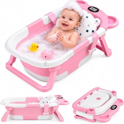 Bluelander Bañera Plegable para Bebé 69.5 x 42 x 21 cm con Medición de Temperatura Cojín de Espuma PU Patas Plegables Espacio para Biberón