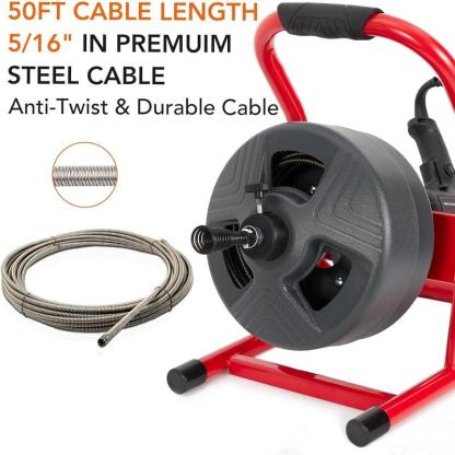 Máquina Eléctrica Destapacaños de 50 pies × 5/16", Motor de 120V 2.1A, Barrena para Tuberías con 6 Cortadores, Ideal para Tuberías de 3/4" a 3"