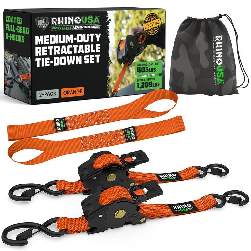 Correas de amarre retráctiles con matraca de 2.5 cm x 3 m, paquete de 2 o 4 piezas, resistentes y de uso medio, ideales para camionetas y remolques de carga.