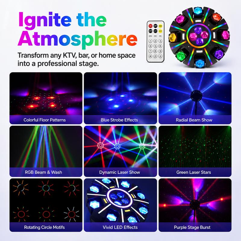 Cabeza Móvil RGBW de 8 Ojos para DJ, Luz para Fiestas con Láser Rojo y Verde, 38 Tiras de Luz RGB, Estroboscópico, Luz de Escenario Activada por Sonido DMX512 para Clubes, KTV, Salas de Juegos, Raves, Fiestas en Casa, Fiestas de Halloween y Ambientes