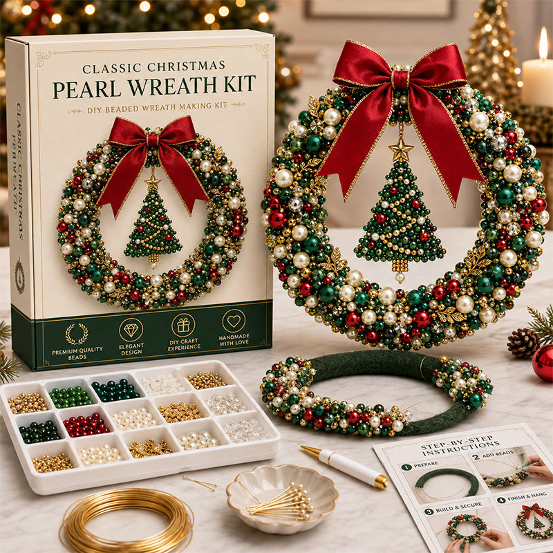 Classic Christmas DIY Pearl Wreath Kit with beads ribbon and instructions
