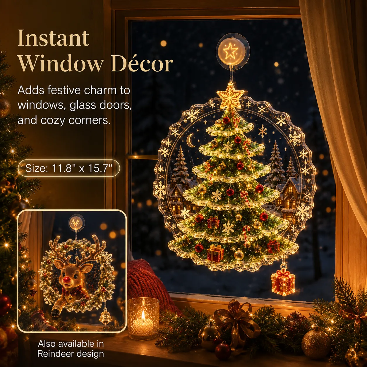 Christmas tree window light displayed on a window with size reference