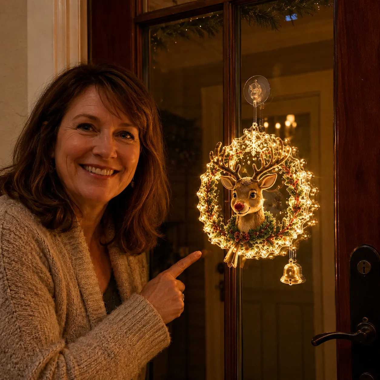 Customer showing the reindeer light on a glass front door