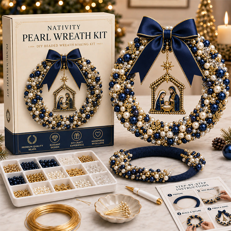 Nativity Pearl Wreath Kit in navy ivory and gold