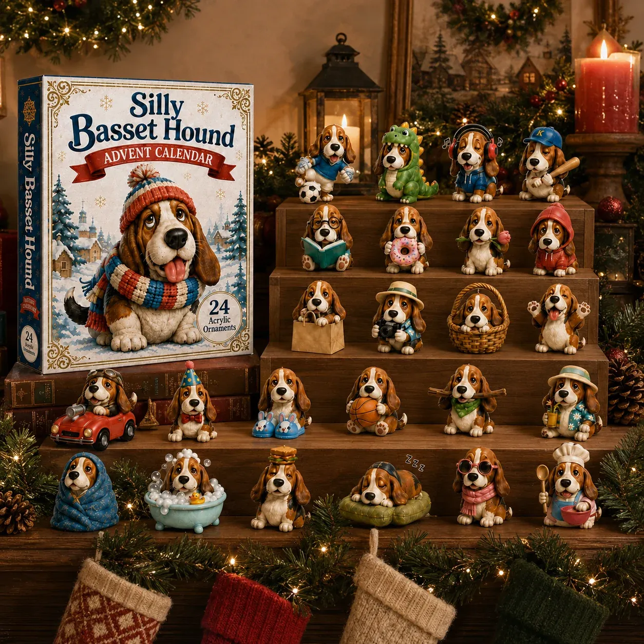 Close-up of Silly Basset Hound Advent Calendar ornaments