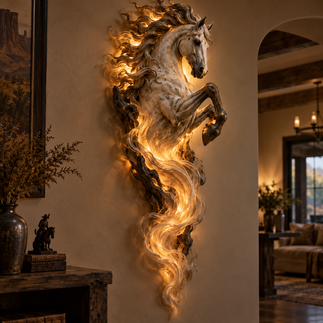 Celestial Flame Unicorn Wall Sconce glowing on wall