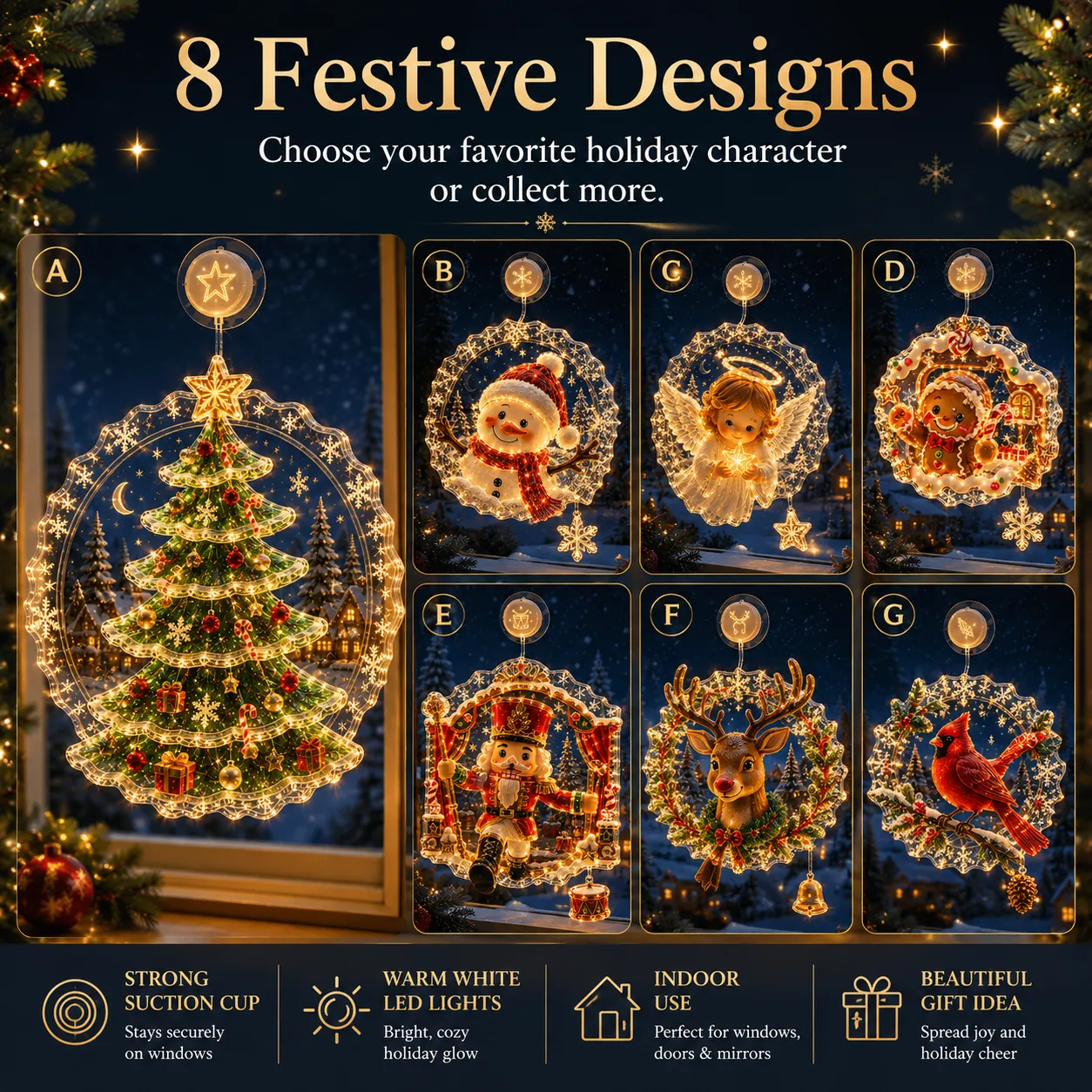 Eight festive suction cup window light designs