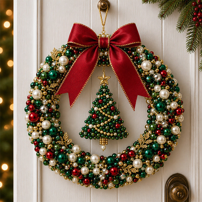 Finished handmade classic Christmas pearl wreath hanging on a door