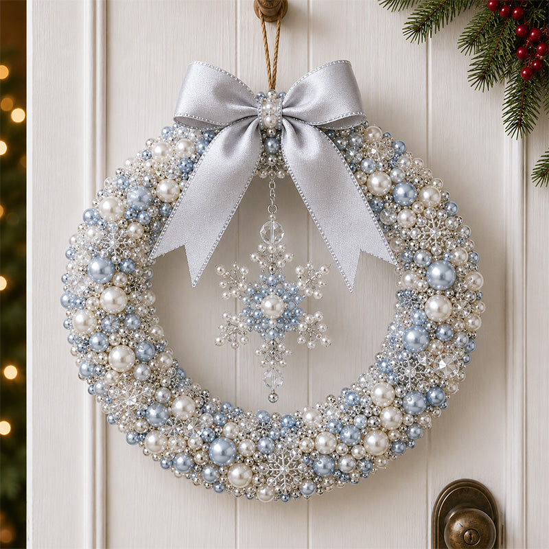 Finished Winter Snowflake pearl wreath on a front door