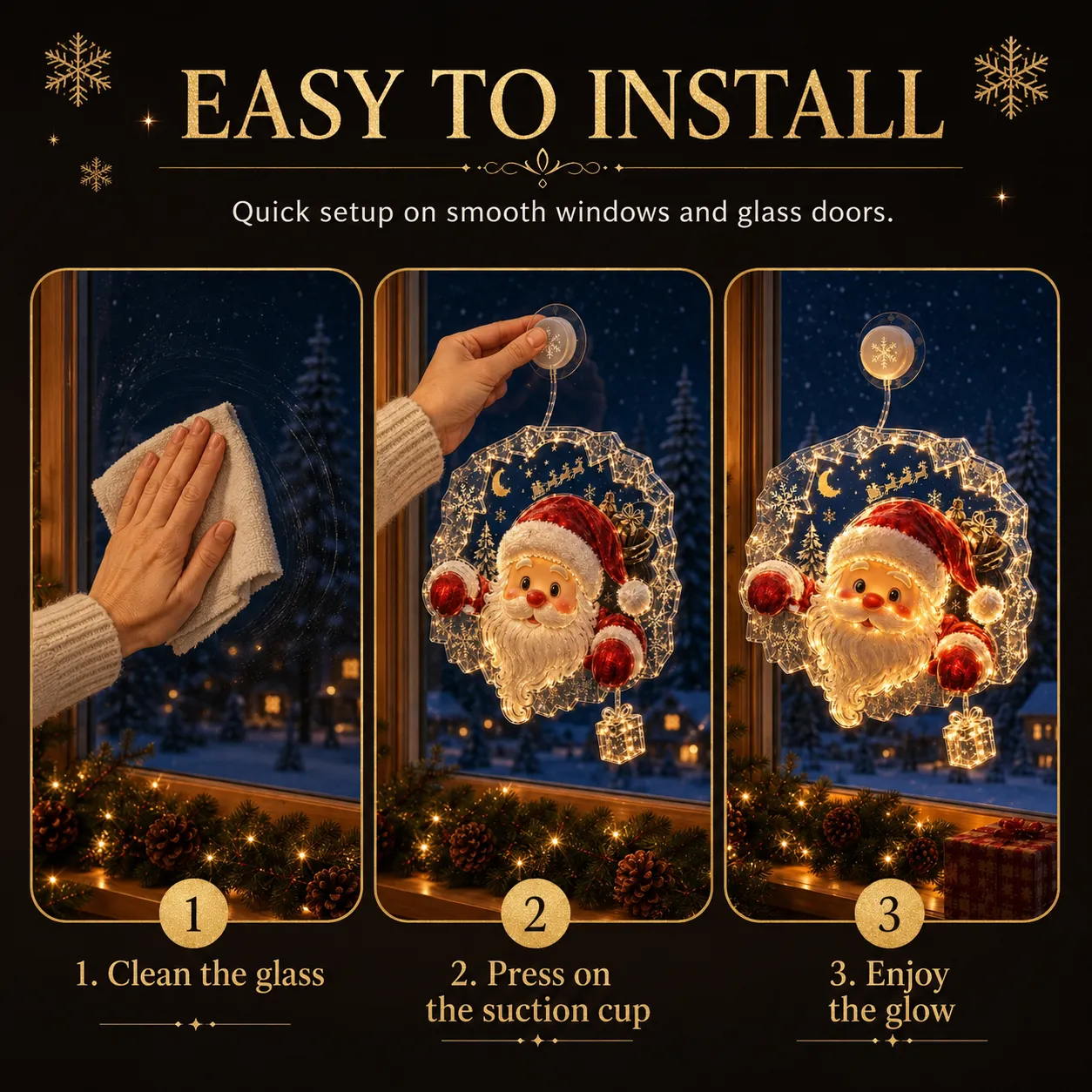 Three-step installation guide for the suction cup window light
