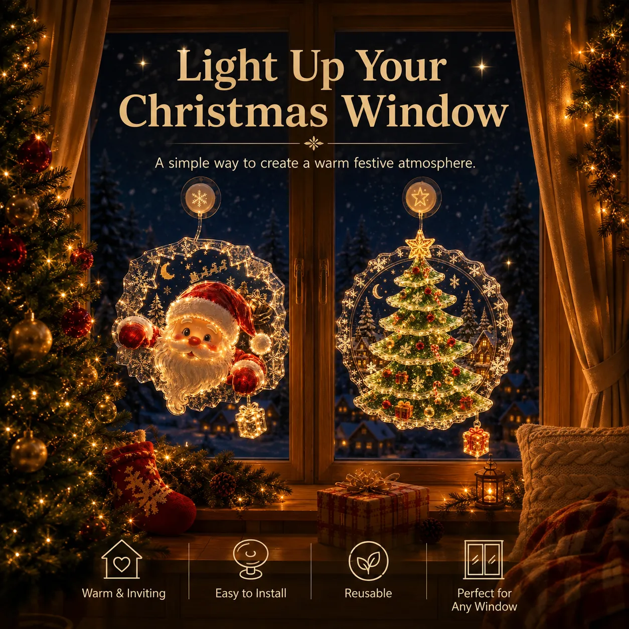 Christmas window decorations glowing warmly