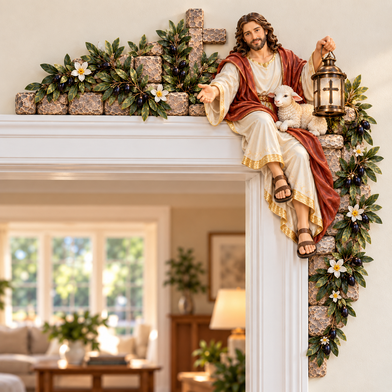 Shepherd's Light Jesus doorway corner decor with lamb and lantern