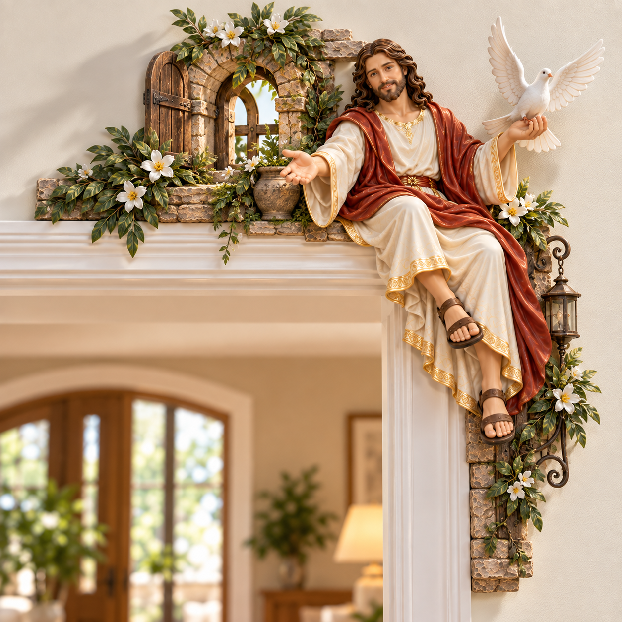 Peace at the Doorway Jesus decor with white dove stone doorway and flowers