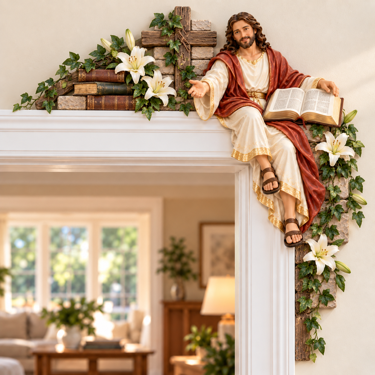 Word at Your Door Jesus corner decor with open Bible books lilies and cross
