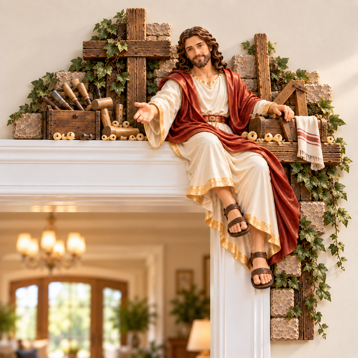 The Carpenter Jesus doorway corner decor with woodworking tools and wooden cross
