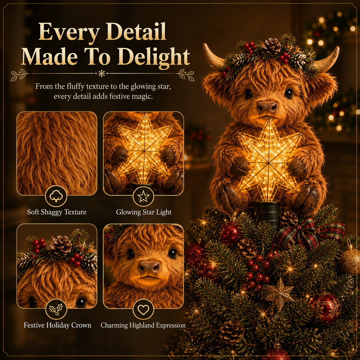 Baby Highland Cow Tree Topper Detail