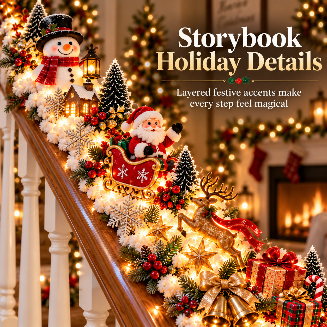 Christmas staircase storybook holiday details