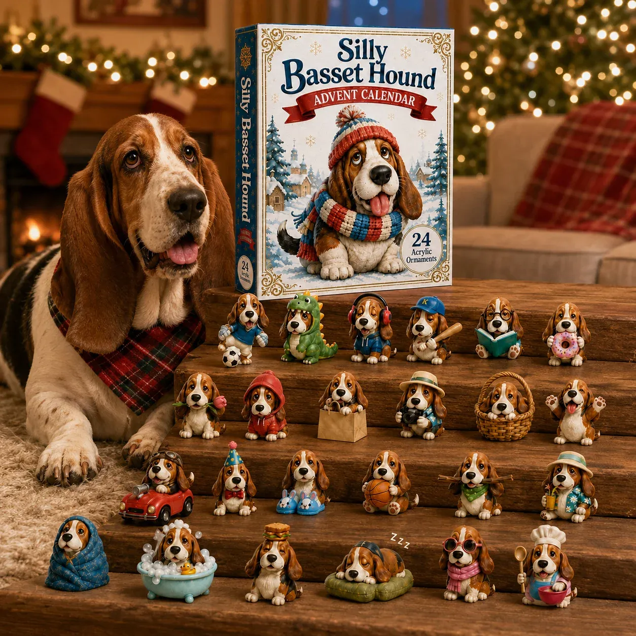 Different Silly Basset Hound ornament styles from the Advent calendar