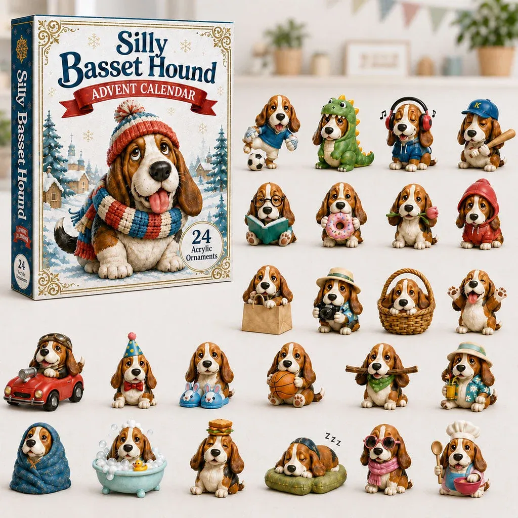 Silly Basset Hound Advent Calendar 2026 with 24 festive acrylic ornaments