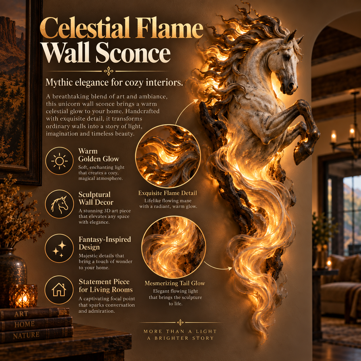 Celestial Flame Unicorn wall sconce details