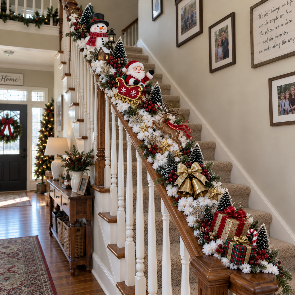 Christmas staircase decoration during daytime with lights off