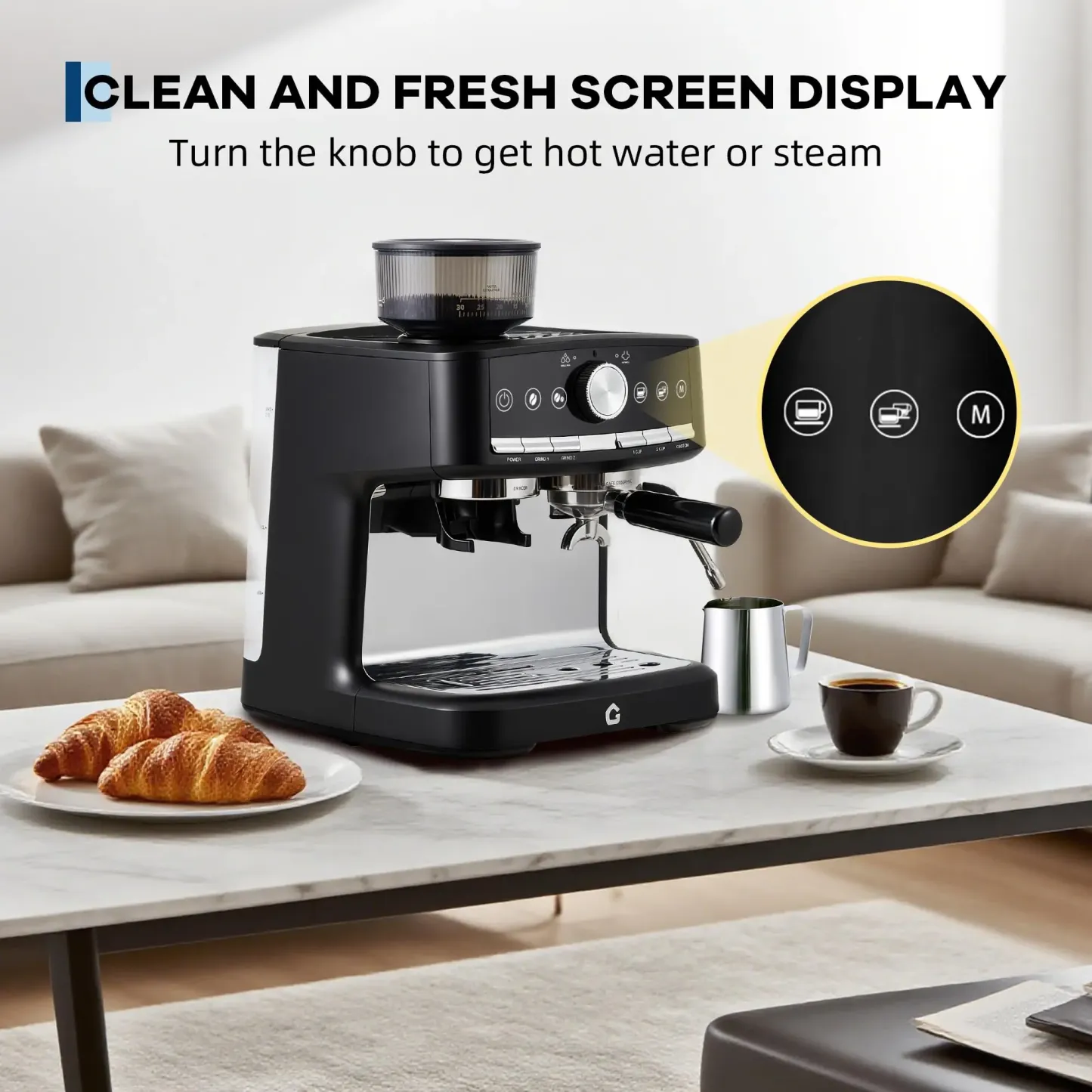 Cafetera espresso GARVEE de 20 bares de presión con molinillo, depósito de agua extraíble de 1,5 litros, espumador de leche y varilla de vapor para latte/capuchino (NEGRA, 20 bares, con molinillo)