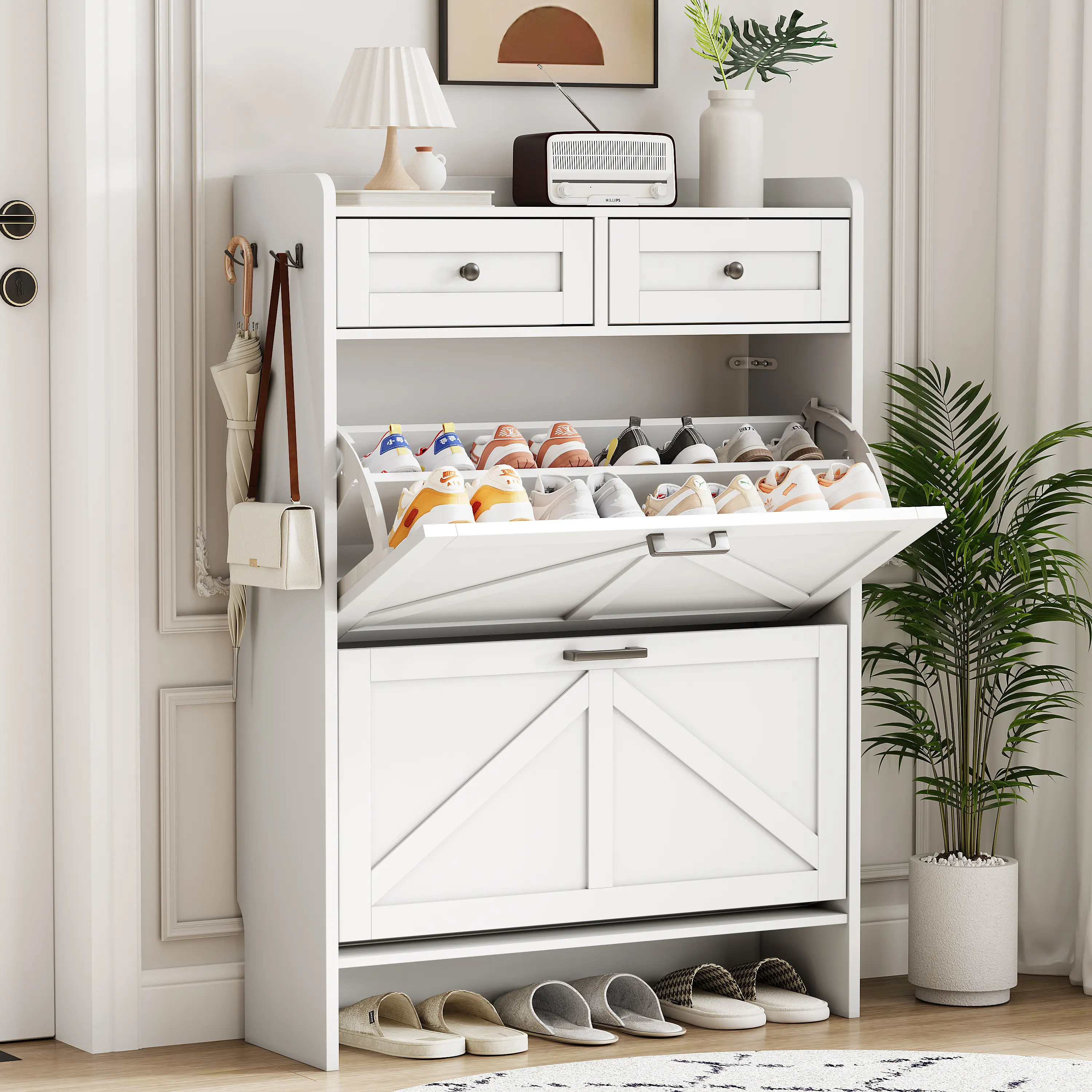 Mueble zapatero para entrada, zapatero estrecho estilo rústico con 2 cajones abatibles y cajones superiores, estantes ajustables y ganchos; organizador independiente con almacenamiento oculto para pasillo o recibidor. Ideas de regalo para el Día del Padre