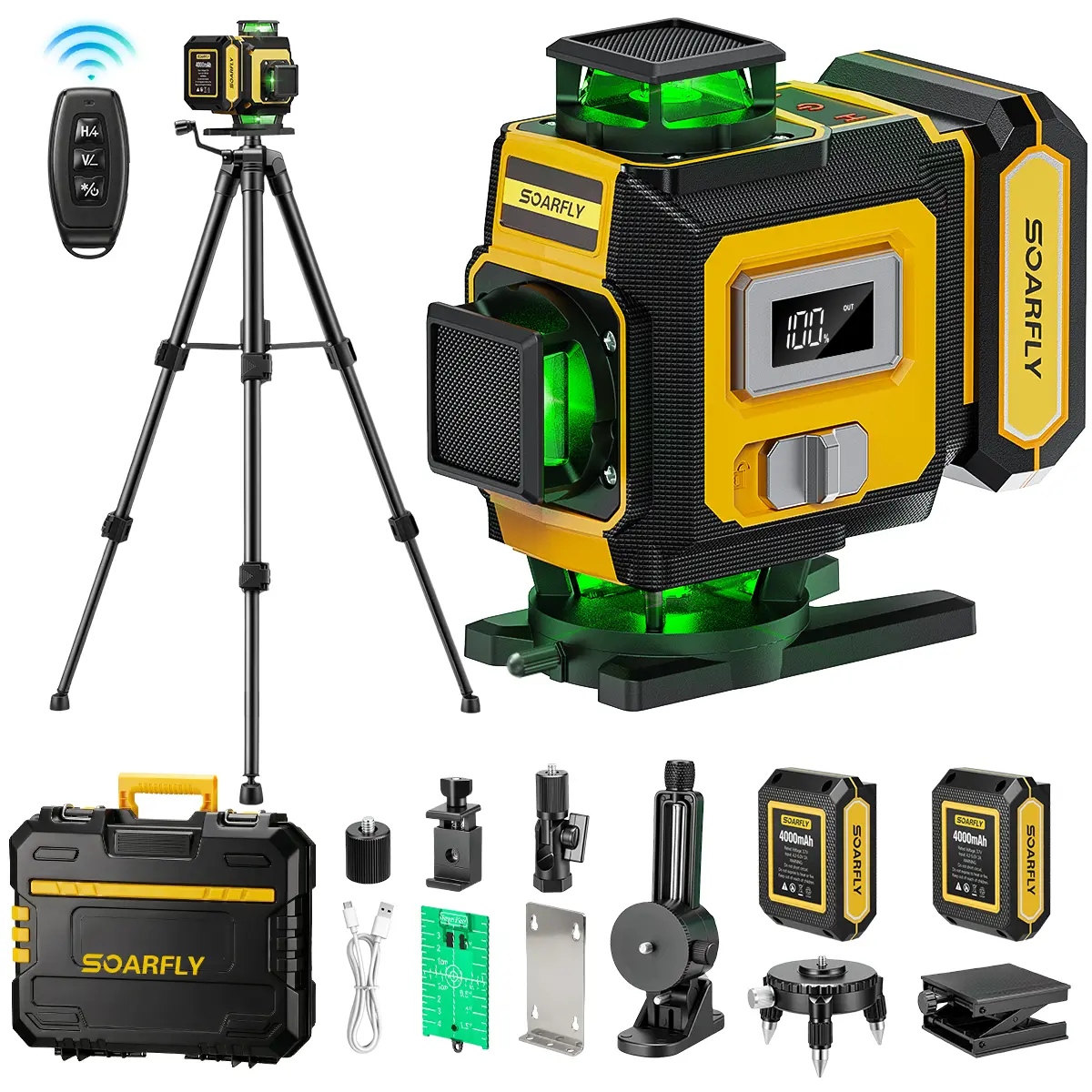 Nivel láser SOARFLY X16 con trípode, láser autonivelante de 4 x 360°, láser verde 4D de 16 líneas, herramienta de líneas cruzadas con 2 baterías para azulejos, colgar cuadros y reformas del hogar.