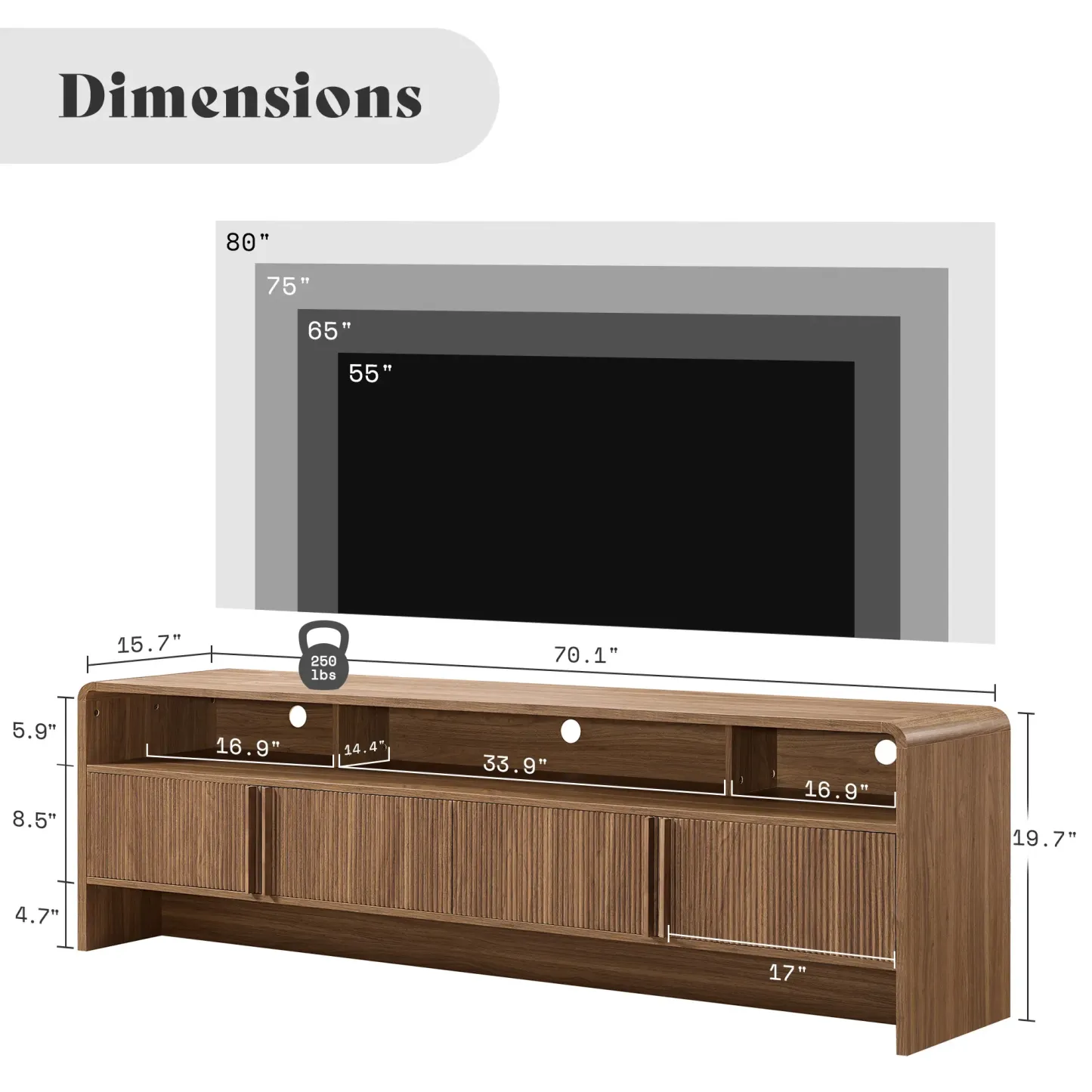 El mueble para TV moderno AMERLIFE de 70 pulgadas (compatible con televisores de hasta 80 pulgadas), fabricado en madera, presenta un diseño curvo e incluye dos armarios de almacenamiento, ideal como centro de entretenimiento multimedia para la sala de es