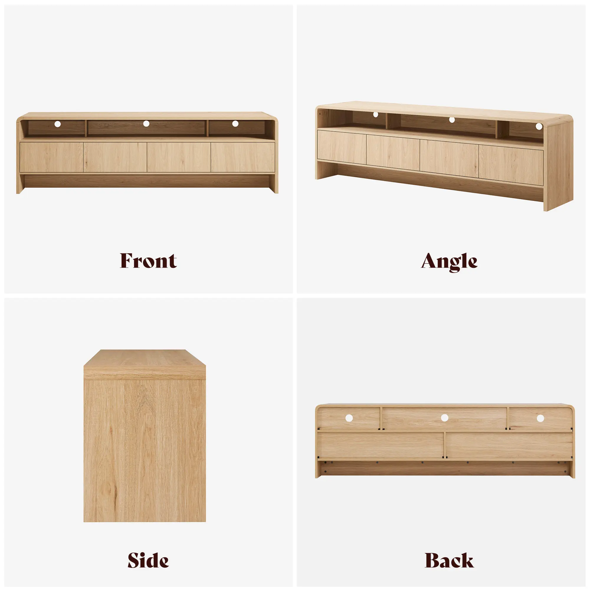 El mueble para TV moderno AMERLIFE de 70 pulgadas (compatible con televisores de hasta 80 pulgadas), fabricado en madera, presenta un diseño curvo e incluye dos armarios de almacenamiento, ideal como centro de entretenimiento multimedia para la sala de es